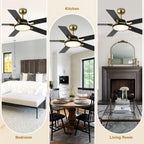 52 Inches Black and Gold Modern Ceiling Fan with LED Lights, 6 Speeds DC Motor Indoor Ceiling Fan for Large Room