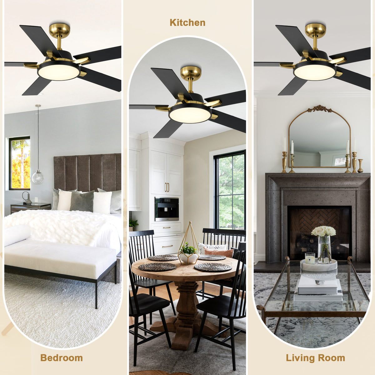 52 Inches Black and Gold Modern Ceiling Fan with LED Lights, 6 Speeds DC Motor Indoor Ceiling Fan for Large Room