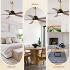52 Inch Black and Gold Modern Ceiling Fan with LED Light and Remote Control, 6 Speeds DC Motor 5-Blade Reversible Ceiling Fan for Living Room