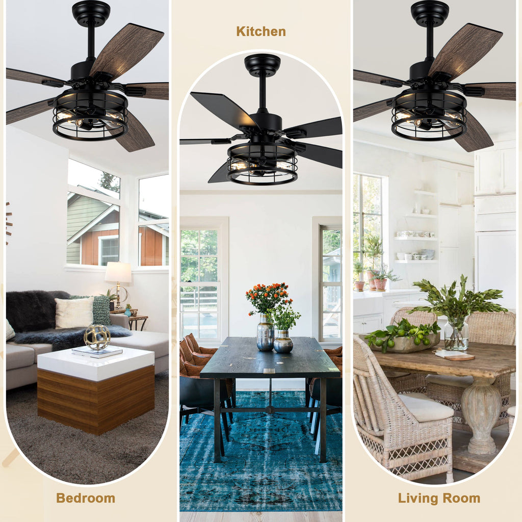 52 Inch Industrial Metal Caged Ceiling Fan with Lights and Remote Control, Silent DC Motor Fan for All Seasons