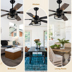 52 Inch Industrial Metal Caged Ceiling Fan with Lights and Remote Control, Silent DC Motor Fan for All Seasons