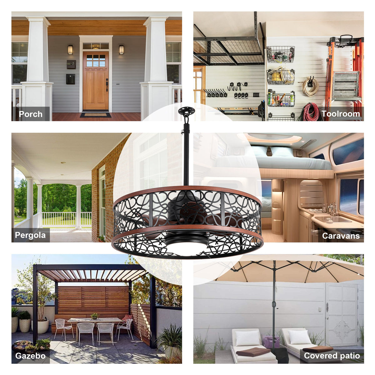 24 Inch Farmhouse Outdoor Waterproof Ceiling Fan with LED Light and Remote, 6 Speeds Black Plug In Caged Outdoor Fan Light