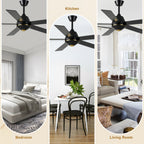 52 Inch Black Modern Ceiling Fan with Remote Control, 6 Speeds DC Motor 5-Blade Reversible Ceiling Fan for Living Room