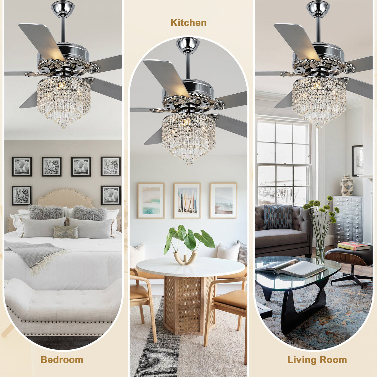 52 Inch Chrome Glam Crystal Ceiling Fan with Lights and Remote, 6 Speeds DC Motor Reversible Chandelier Ceiling Fan with Crystals