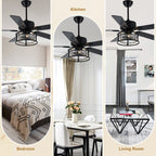 52 Inch Modern Glam Crystal Ceiling Fan with Lights and Remote, 6 Speeds DC Motor Black Reversible Ceiling Fan with Crystal Cage