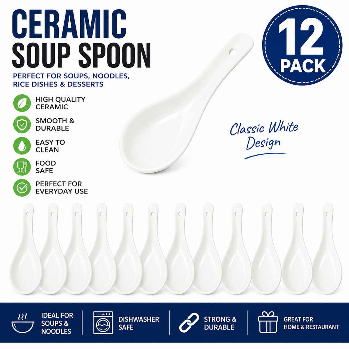 12PK White Ceramic Chinese Soup Spoons Asian Rice Noodle Spoon Kitchen Tableware