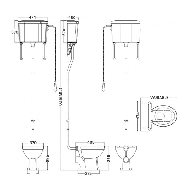 Classique Traditional High Level Toilet with Cistern, Toilet Seat & Flush Pipe Kit - White
