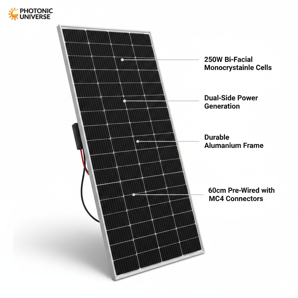 250W bi-facial monocrystalline solar panel with 60cm cable
