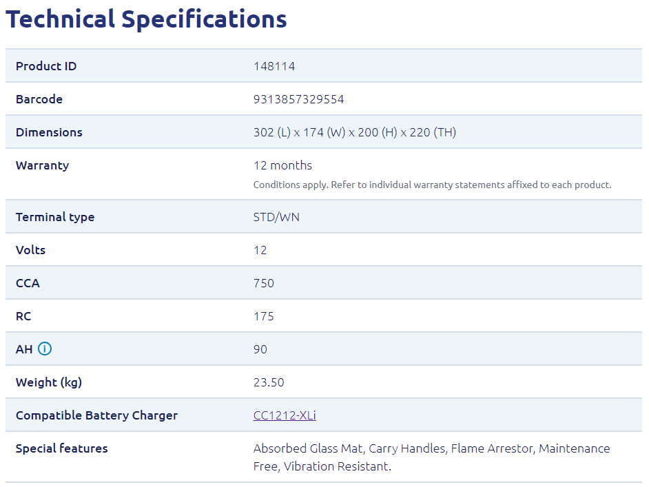 Century 12V 90Ah Dual Force+ AGM 750 CCA Deep Cycle Battery
