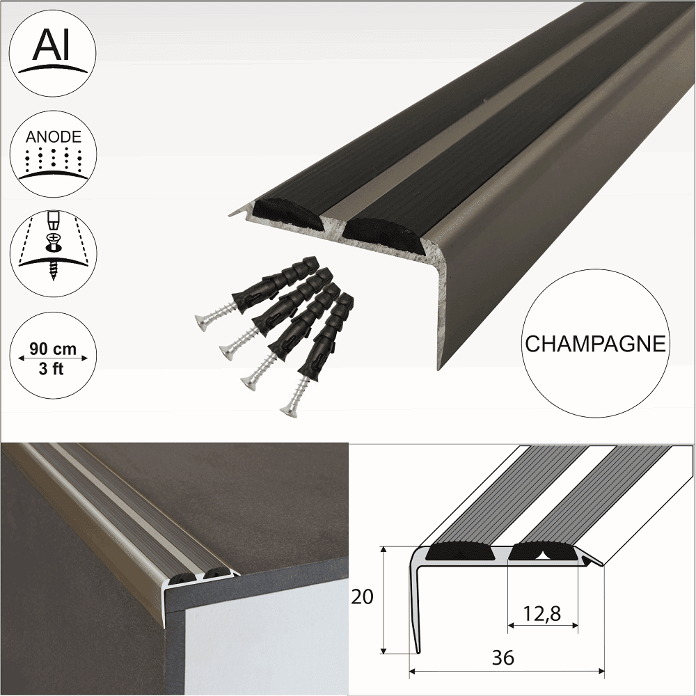 A37 36 x 20mm Anodised Aluminium Non Slip Rubber Stair Nosing Edge Trim With Inserts - Cayrus World of Finishing