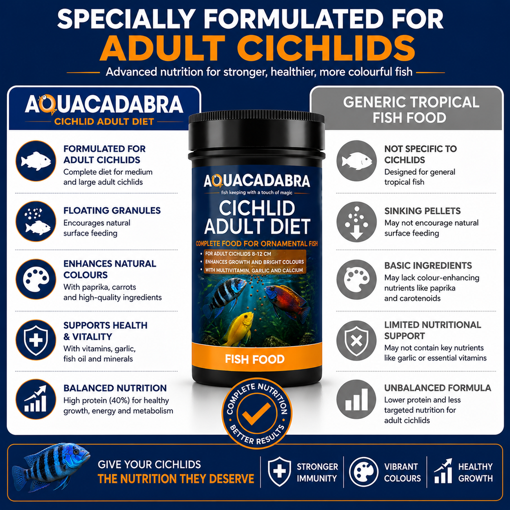 Aquacadabra Cichlid Adult Diet Fish Food Floating Granules 40% Protein 90g 360g