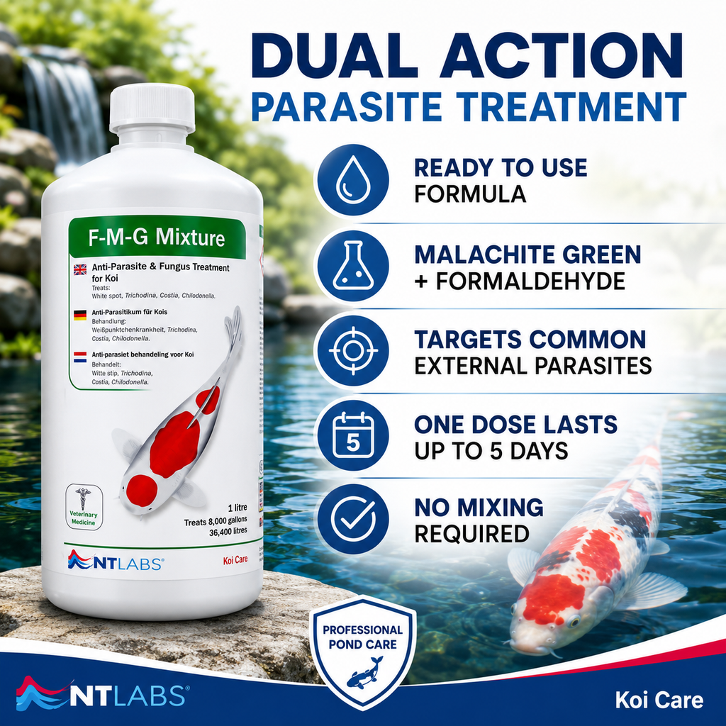NT Labs Koi Care FMG Mixture | Dual-Action Malachite Green & Formaldehyde Pond Treatment