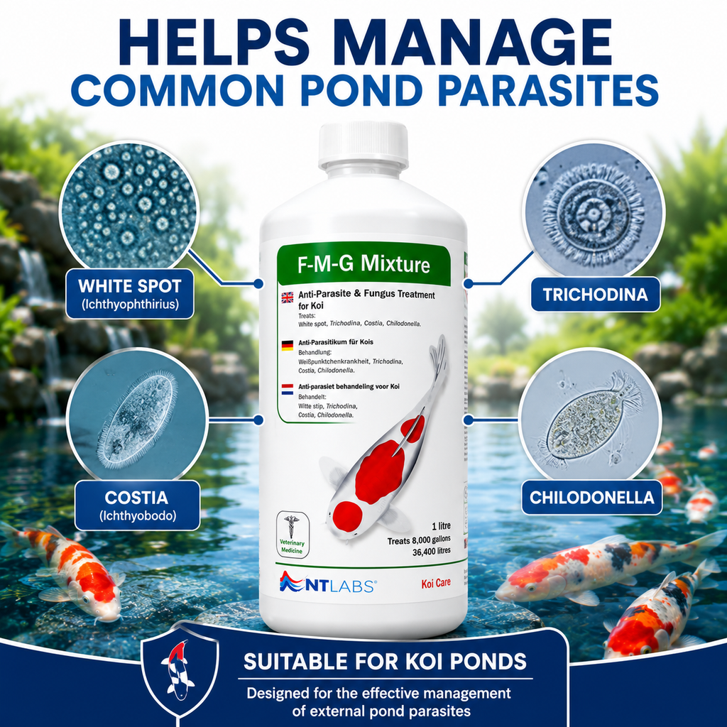 NT Labs Koi Care FMG Mixture | Dual-Action Malachite Green & Formaldehyde Pond Treatment