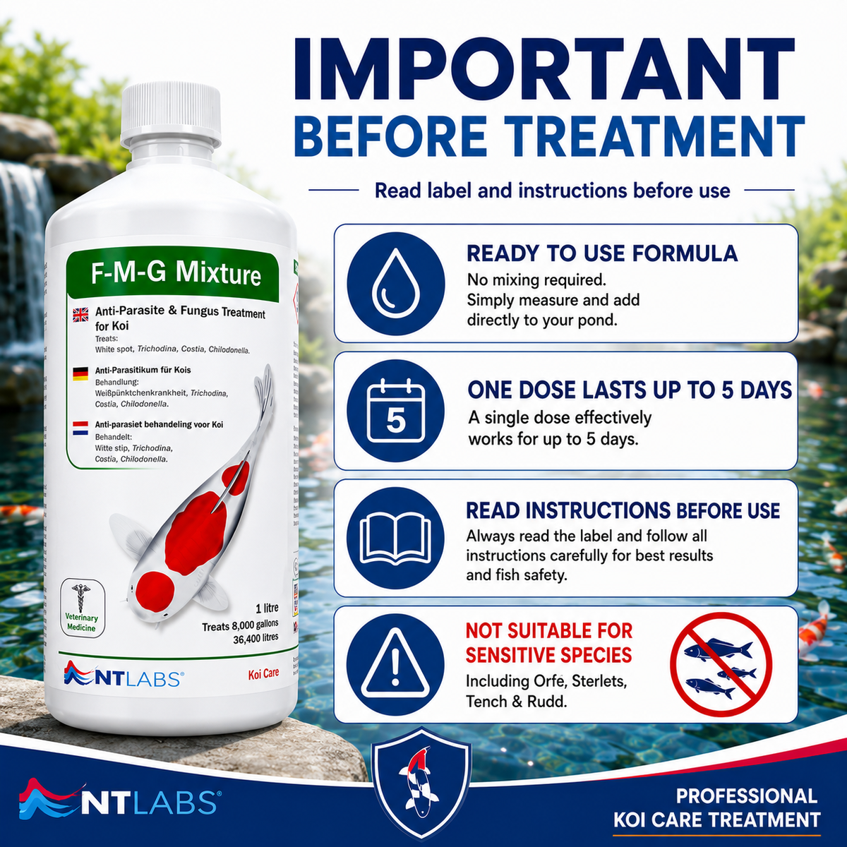 NT Labs Koi Care FMG Mixture | Dual-Action Malachite Green & Formaldehyde Pond Treatment