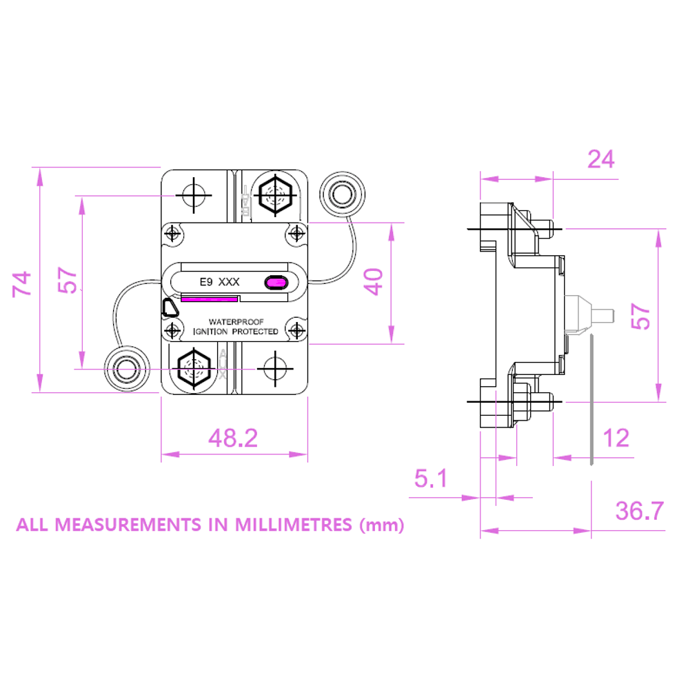 Exotronic 40A Surface Mount Waterproof DC Circuit Breaker - 10 Pack