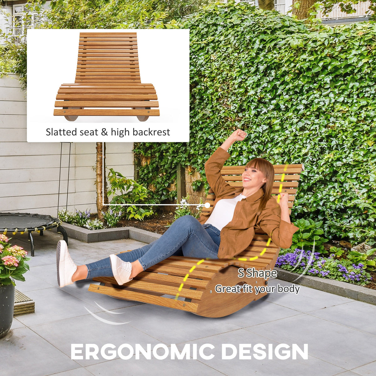 Outdoor Rocking Chair w/ Slatted Seat, Wooden Rocking Chair for Poolside, Lawn, Teak