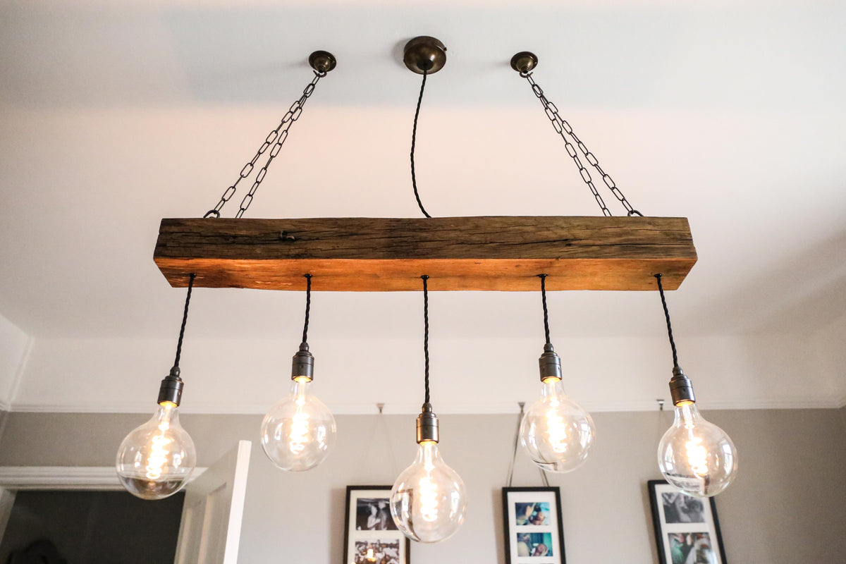 1m Oak Beam Chandelier with 5 Lights | Kitchen Island Lighting UK