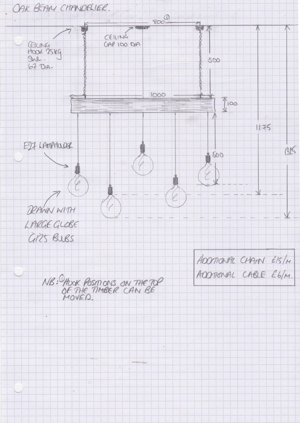 1m Oak Beam Chandelier with 5 Lights | Kitchen Island Lighting UK