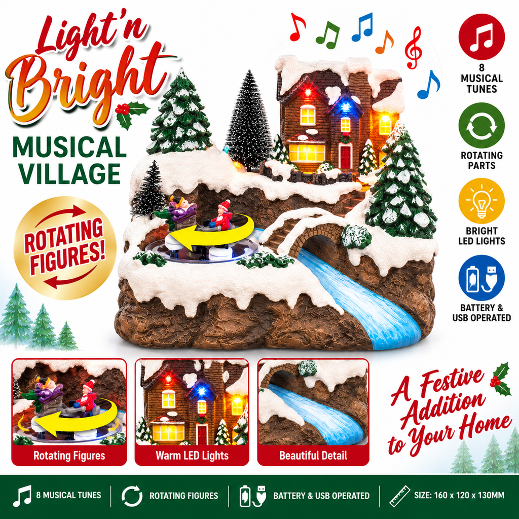 Christmas Musical Village LED Light Up Rotating Figures Xmas Decoration USB Battery