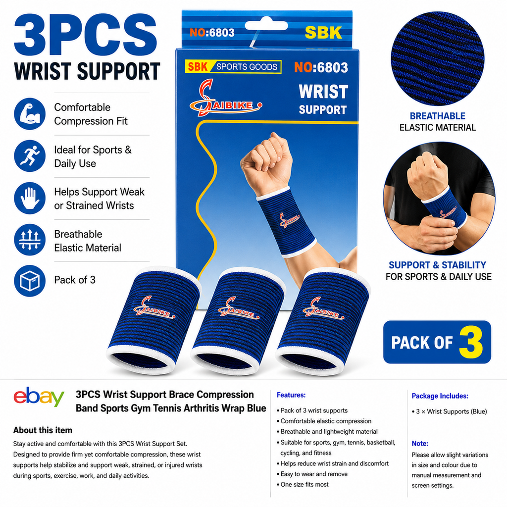 3PCS Wrist Support Brace Compression Band Sports Gym Tennis Arthritis Support Blue