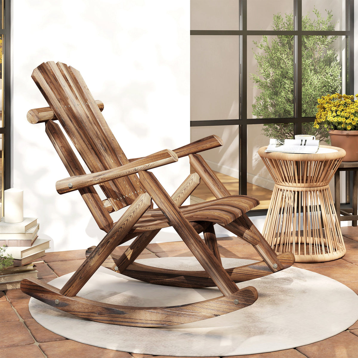 Outdoor Wooden Adirondack Rocker with High Back and Slatted Seat, Carbonized