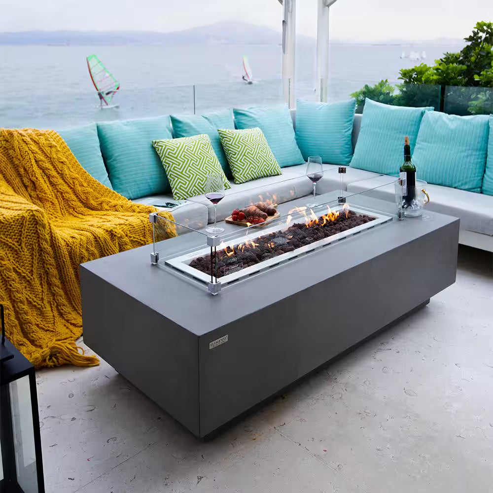 Granville 60-Inch Rectangular Concrete Propane Fire Table with Lava Rocks and Cover