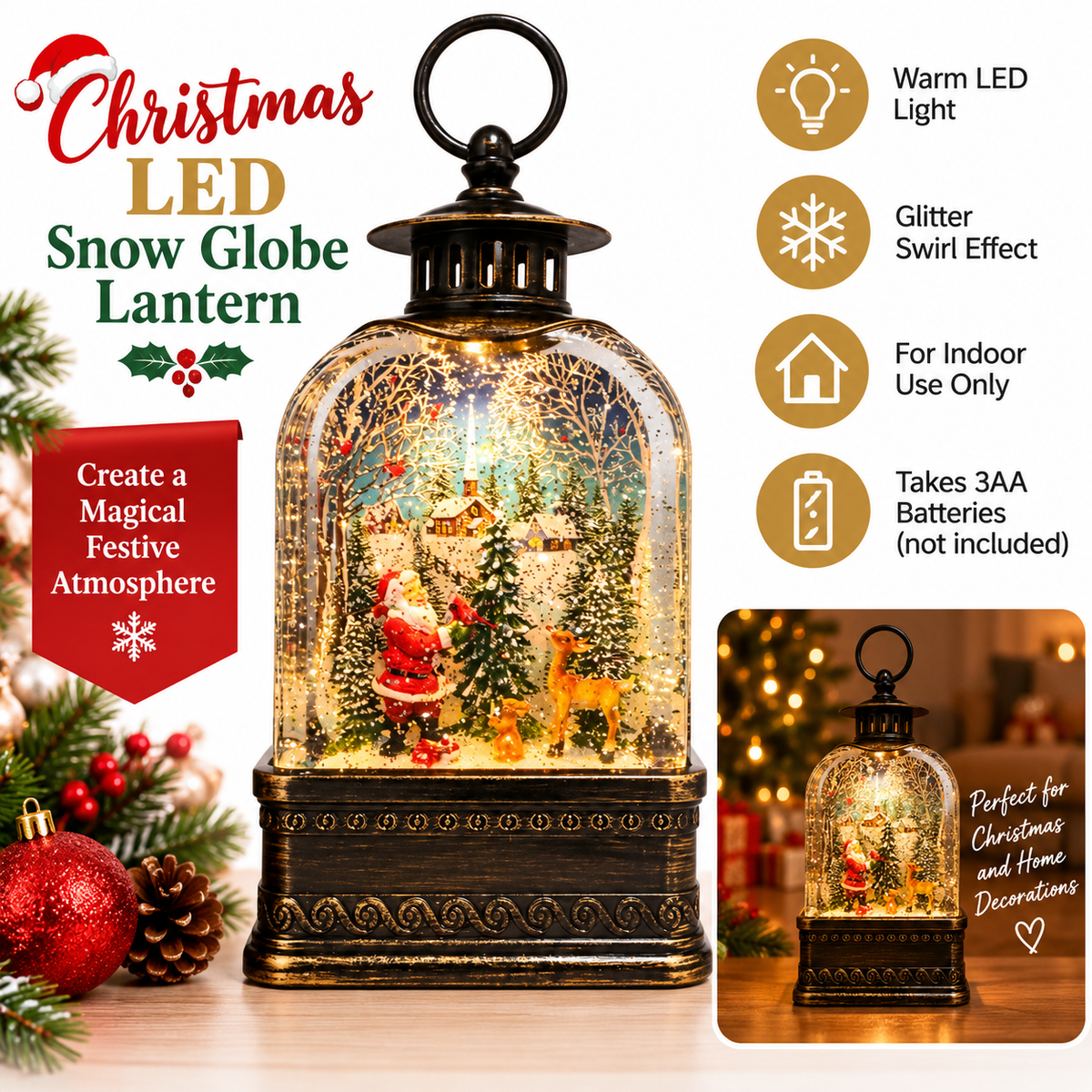 Christmas LED Snow Globe Lantern Santa Village Light Up Glitter Decoration 9.5”