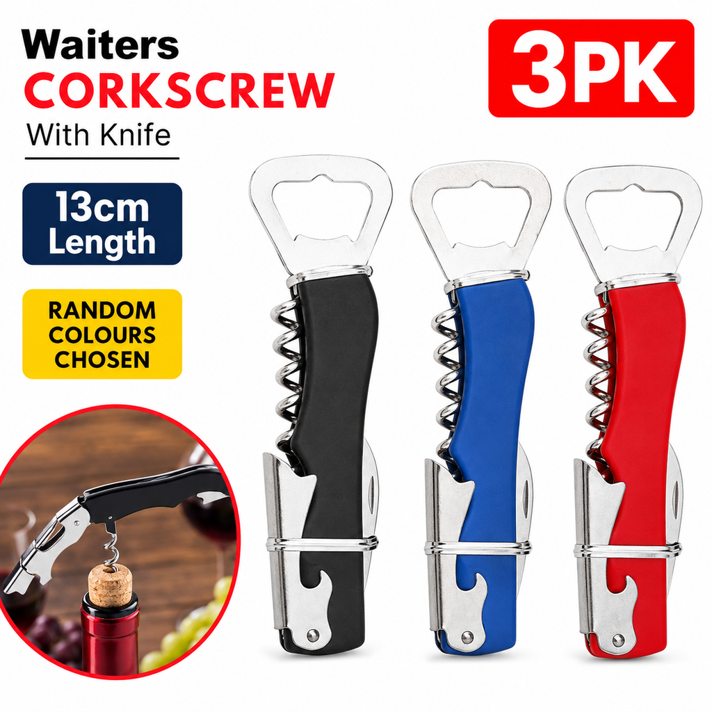 3PK Waiters Corkscrew Wine Bottle Opener With Knife 13cm Random Colours