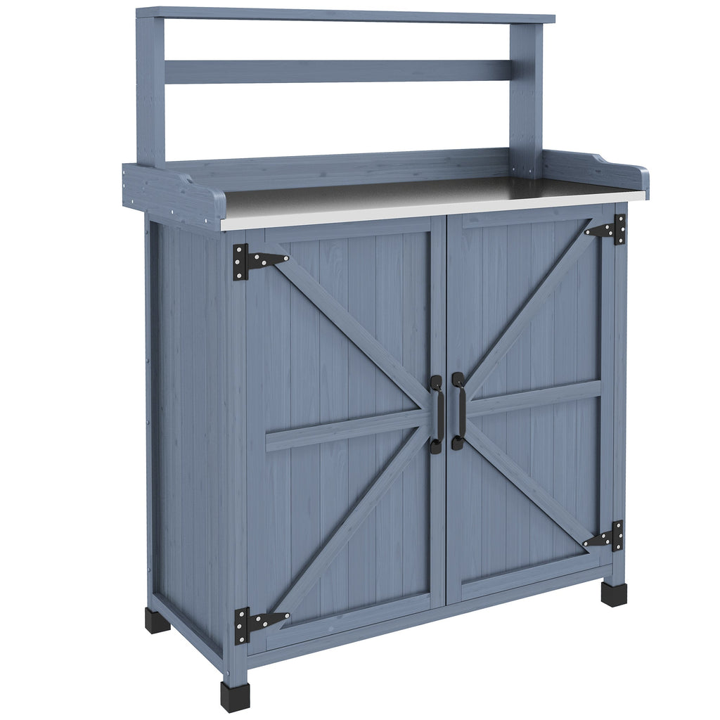 Outdoor Potting Bench with Storage Cabinet, Shelves, Galvanized Plated Tabletop, Gray