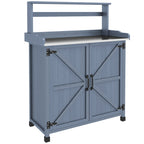 Outdoor Potting Bench with Storage Cabinet, Shelves, Galvanized Plated Tabletop, Gray