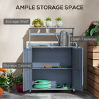 Outdoor Potting Bench with Storage Cabinet, Shelves, Galvanized Plated Tabletop, Gray