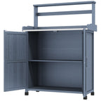 Outdoor Potting Bench with Storage Cabinet, Shelves, Galvanized Plated Tabletop, Gray