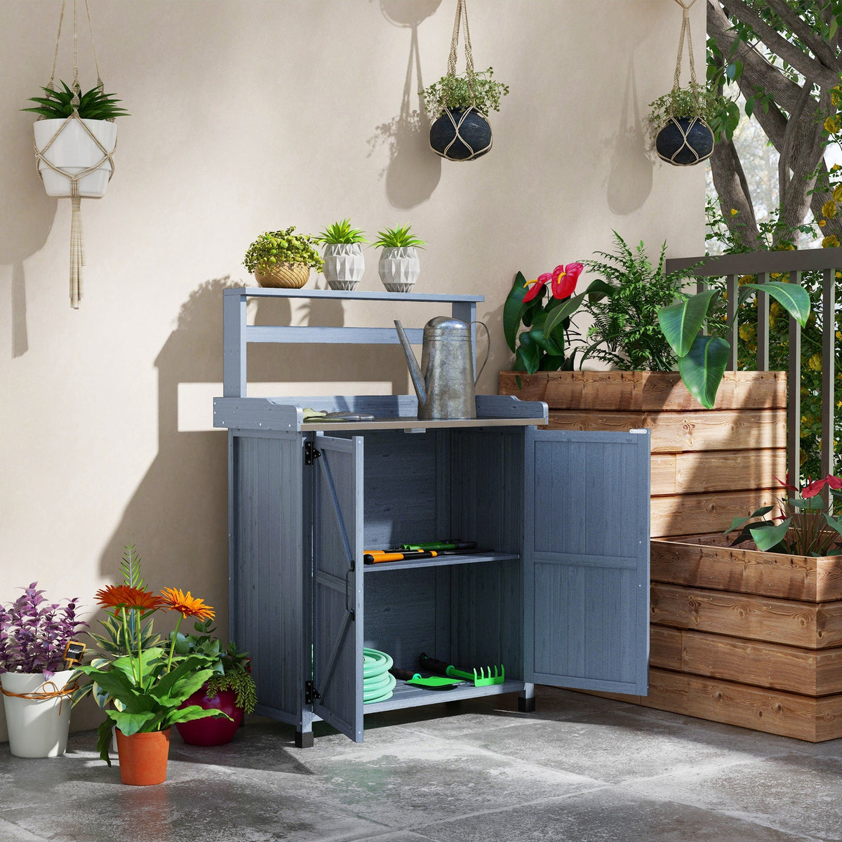Outdoor Potting Bench with Storage Cabinet, Shelves, Galvanized Plated Tabletop, Gray