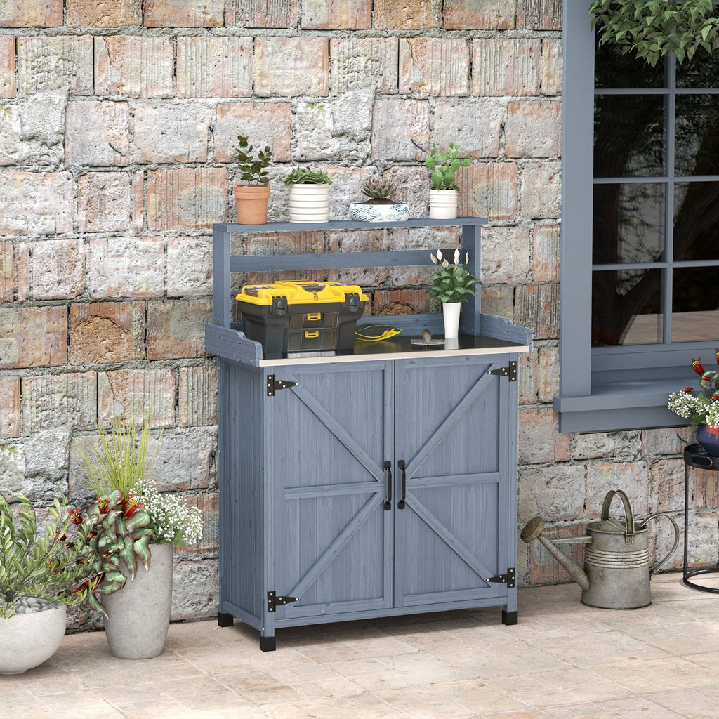 Outdoor Potting Bench with Storage Cabinet, Shelves, Galvanized Plated Tabletop, Gray