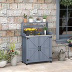 Outdoor Potting Bench with Storage Cabinet, Shelves, Galvanized Plated Tabletop, Gray