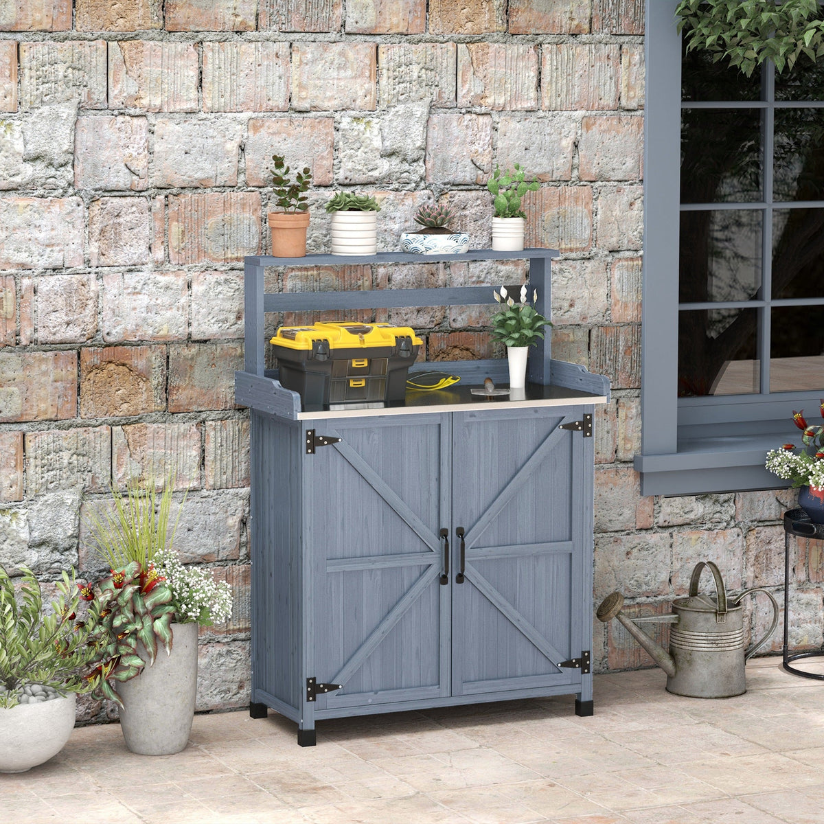 Outdoor Potting Bench with Storage Cabinet, Shelves, Galvanized Plated Tabletop, Gray