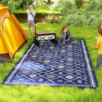 9' x18' Reversible Waterproof Plastic Straw Rug, Blue & White Rhombus Pattern