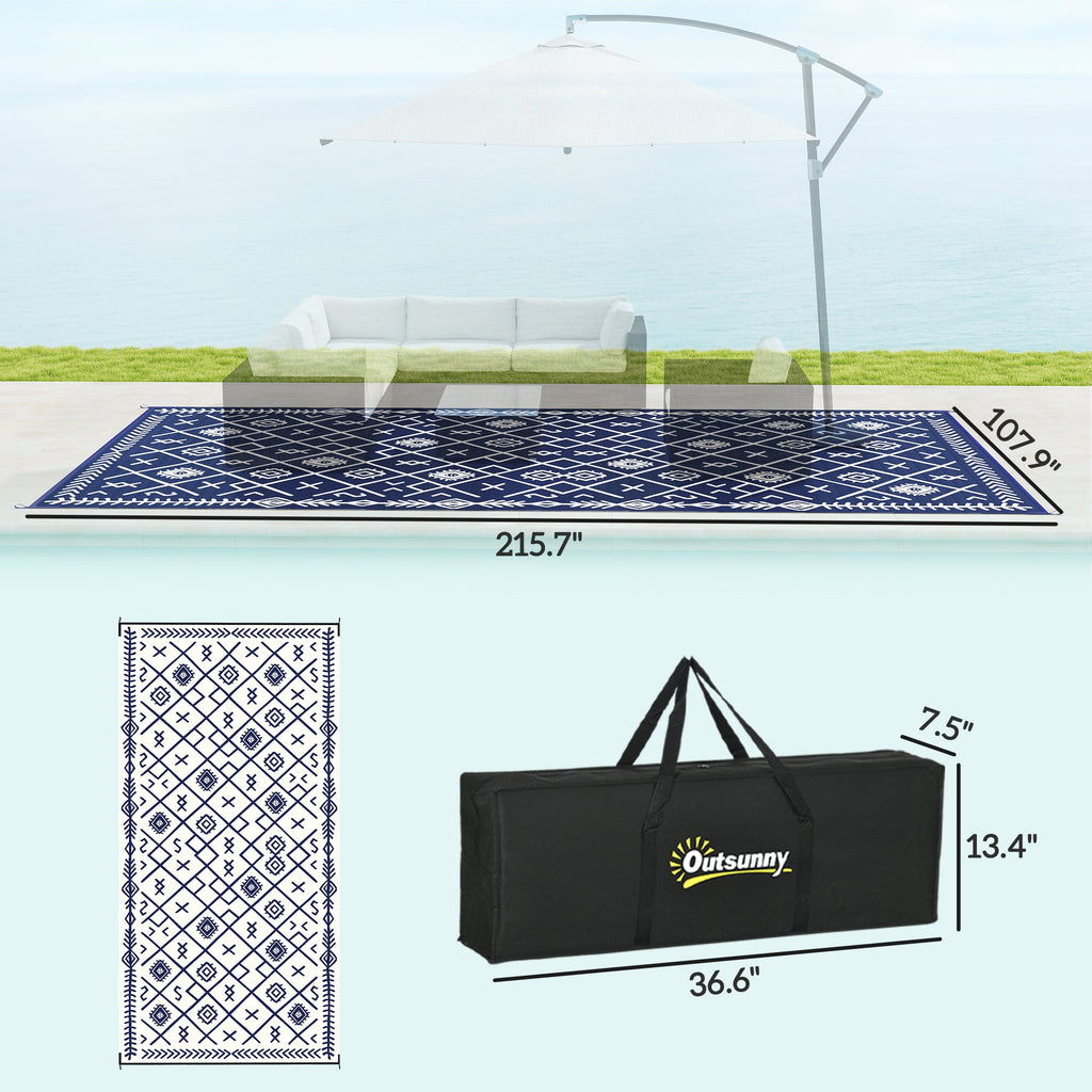9' x18' Reversible Waterproof Plastic Straw Rug, Blue & White Rhombus Pattern