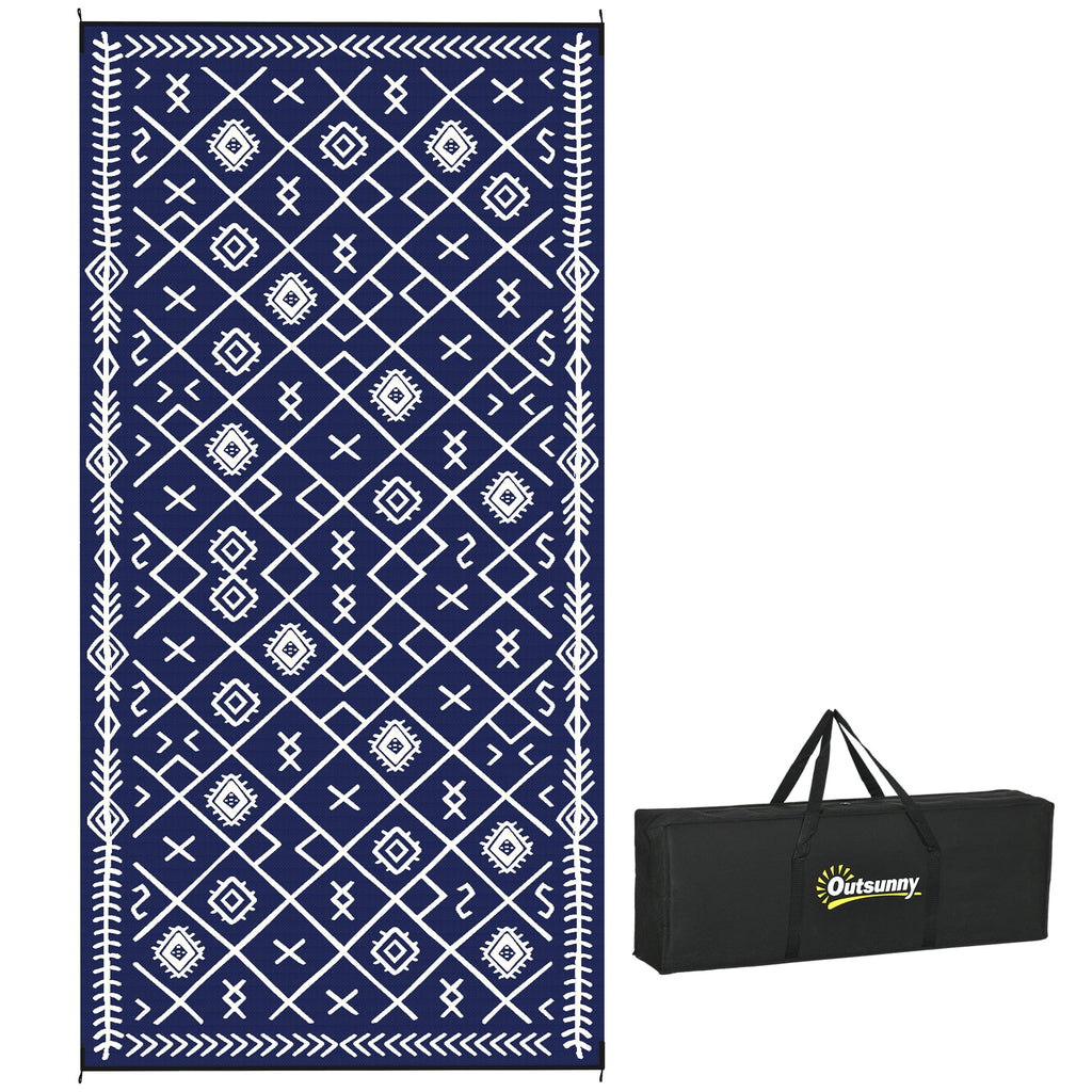 9' x18' Reversible Waterproof Plastic Straw Rug, Blue & White Rhombus Pattern