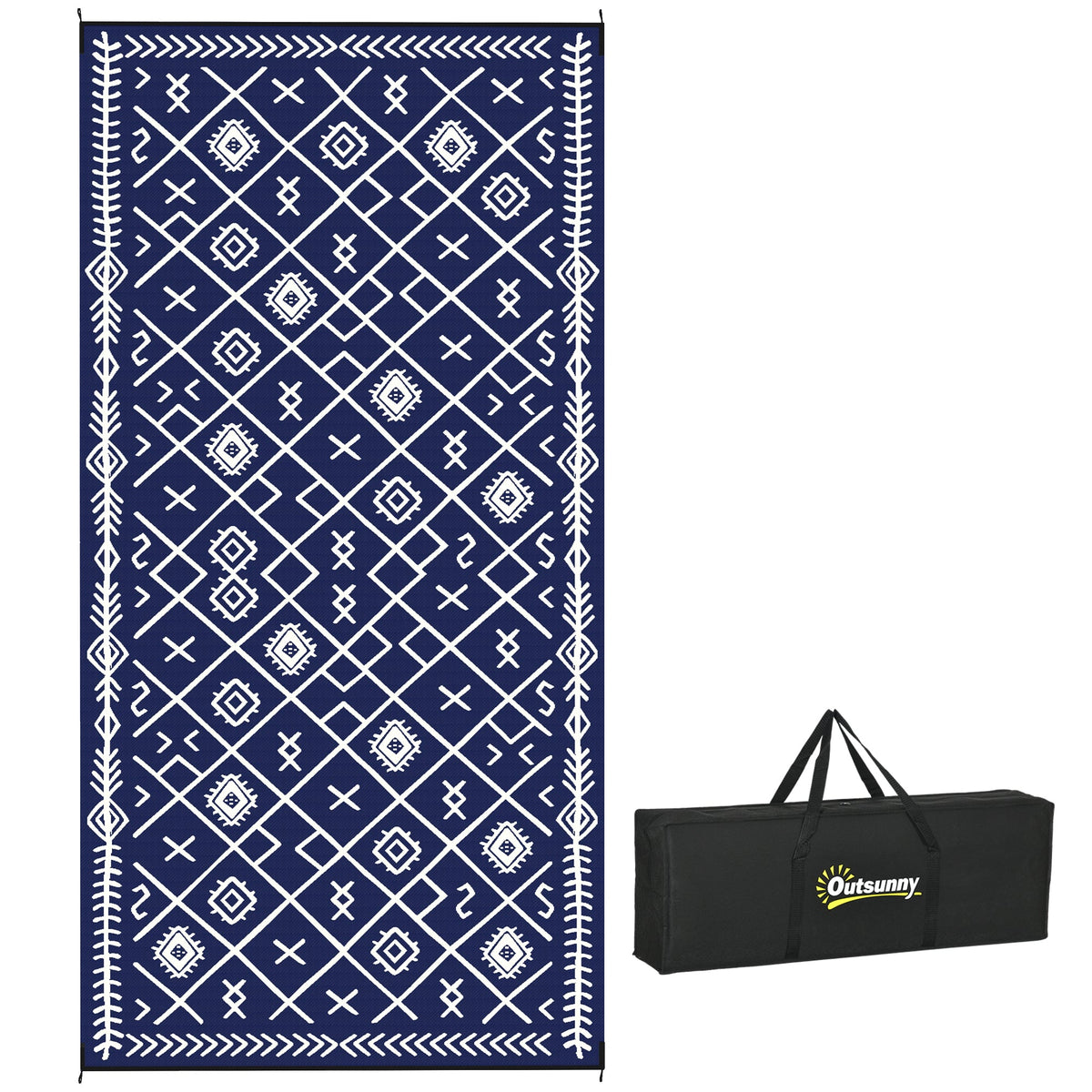 9' x18' Reversible Waterproof Plastic Straw Rug, Blue & White Rhombus Pattern