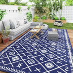 9' x18' Reversible Waterproof Plastic Straw Rug, Blue & White Rhombus Pattern