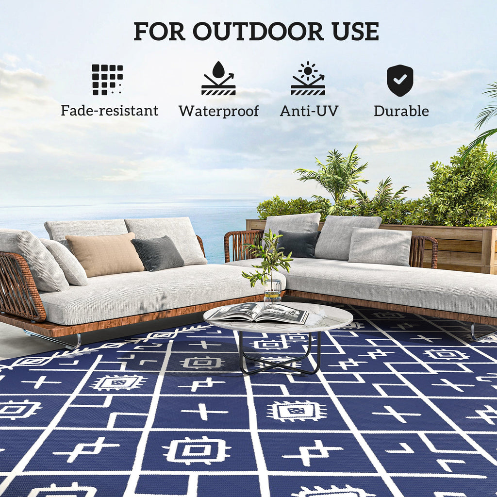 9' x18' Reversible Waterproof Plastic Straw Rug, Blue & White Rhombus Pattern