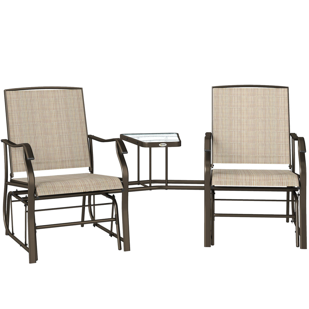 Double Patio Glider Chair with Glass Top Center Table, All Weather Breathable Mesh Fabric, Light Brown