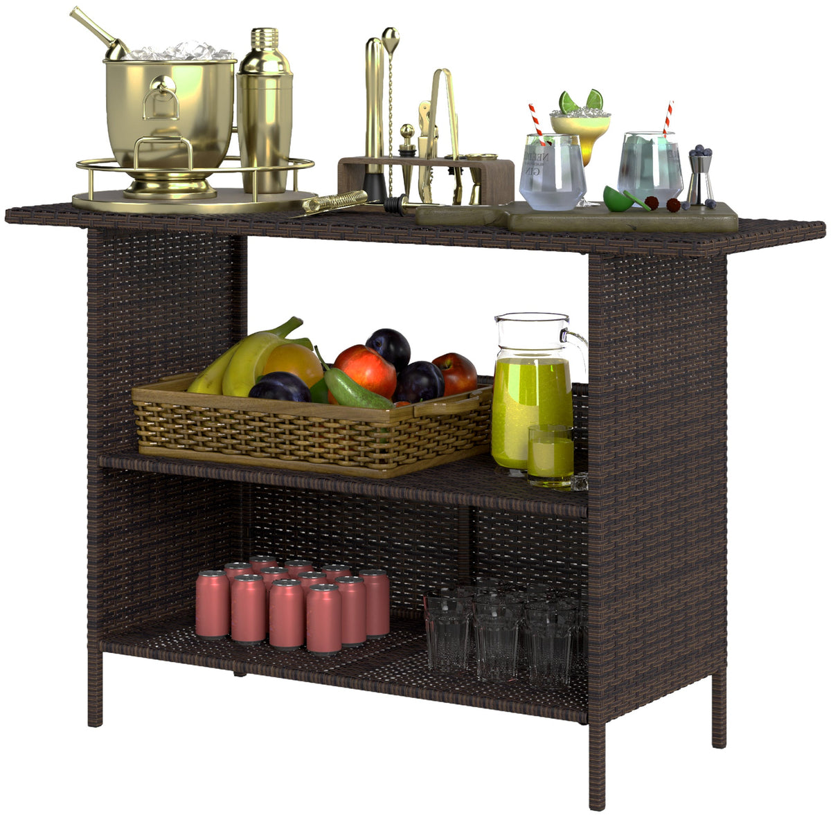 Wicker Outdoor PE Rattan Patio Table with 2 Shelves & Steel Frame, All Weather, Dark Brown