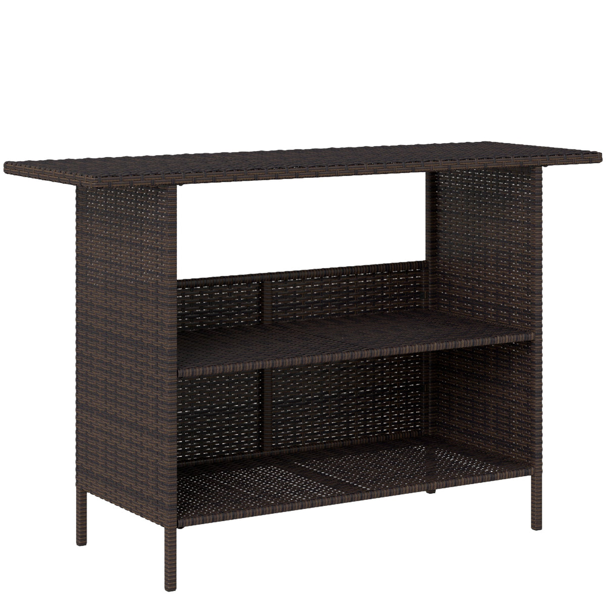Wicker Outdoor PE Rattan Patio Table with 2 Shelves & Steel Frame, All Weather, Dark Brown