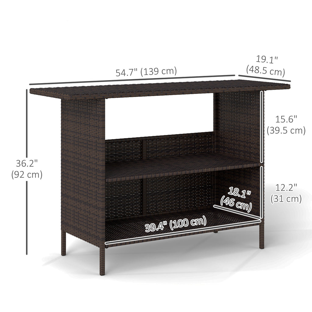 Wicker Outdoor PE Rattan Patio Table with 2 Shelves & Steel Frame, All Weather, Dark Brown