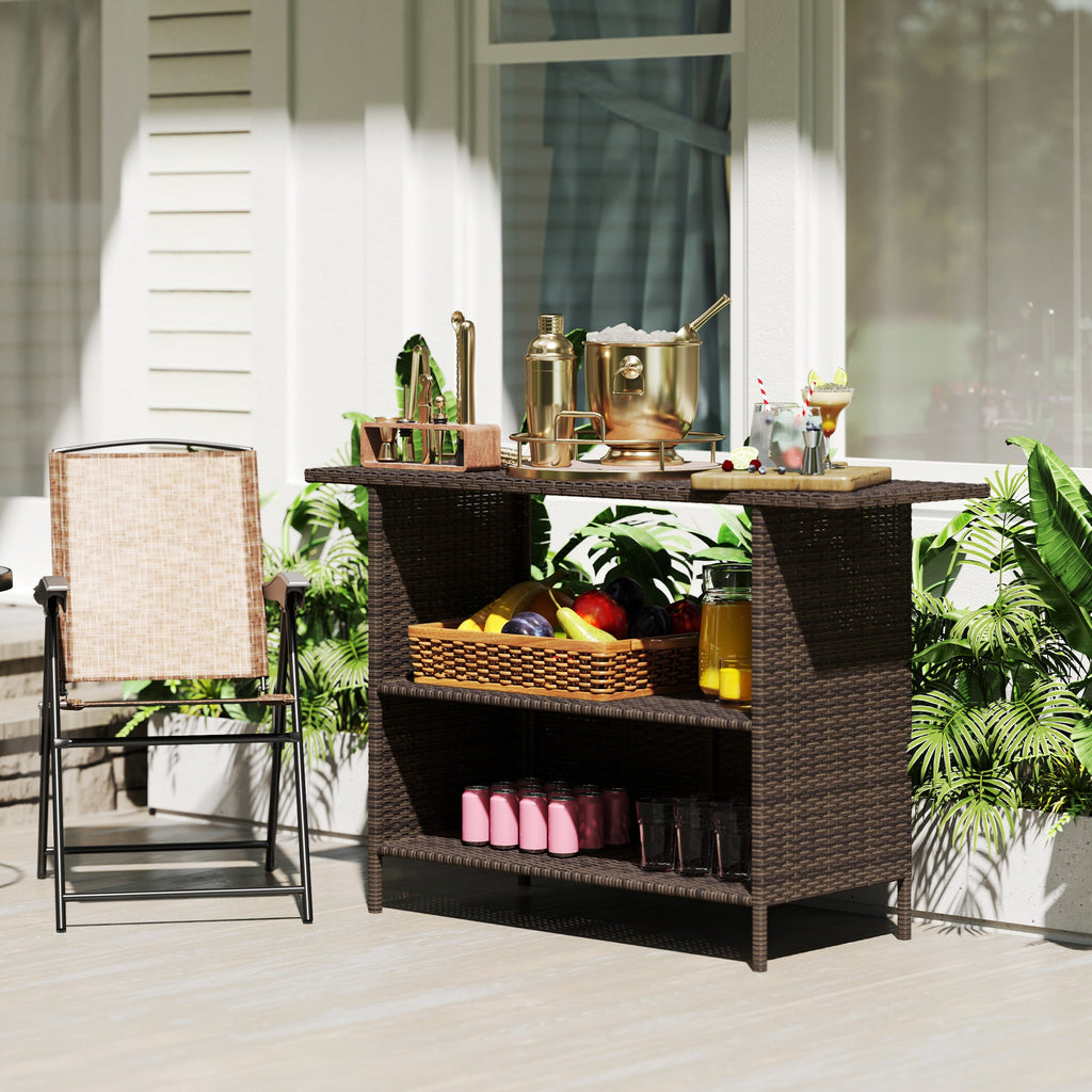 Wicker Outdoor PE Rattan Patio Table with 2 Shelves & Steel Frame, All Weather, Dark Brown
