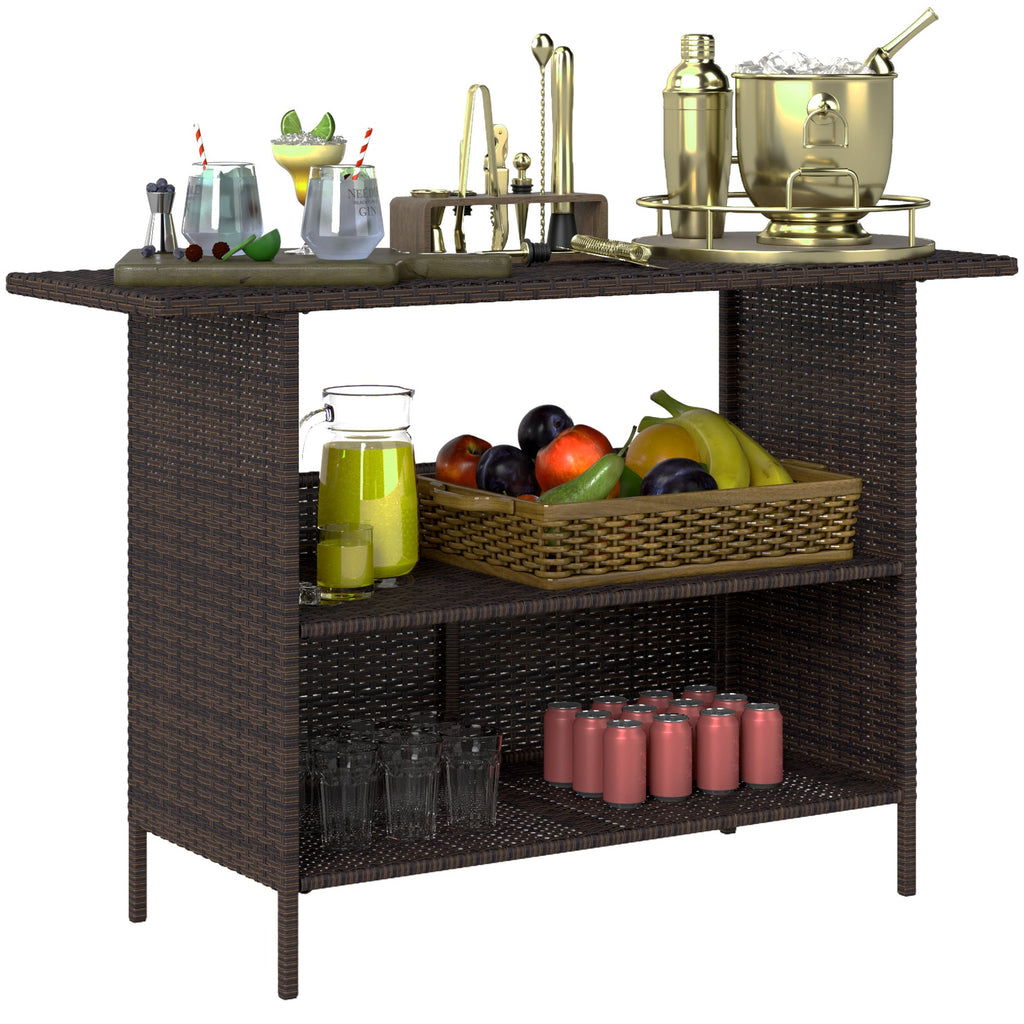 Wicker Outdoor PE Rattan Patio Table with 2 Shelves & Steel Frame, All Weather, Dark Brown