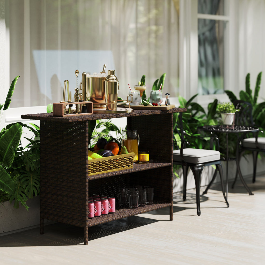 Wicker Outdoor PE Rattan Patio Table with 2 Shelves & Steel Frame, All Weather, Dark Brown