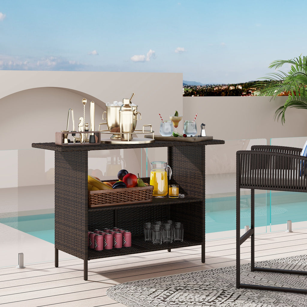 Wicker Outdoor PE Rattan Patio Table with 2 Shelves & Steel Frame, All Weather, Dark Brown